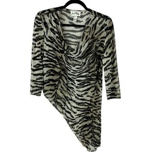 Joseph Ribkoff Sheer Asymmetrical Zebra Print Cowl Neck 3/4 Sleeve Top Size 12